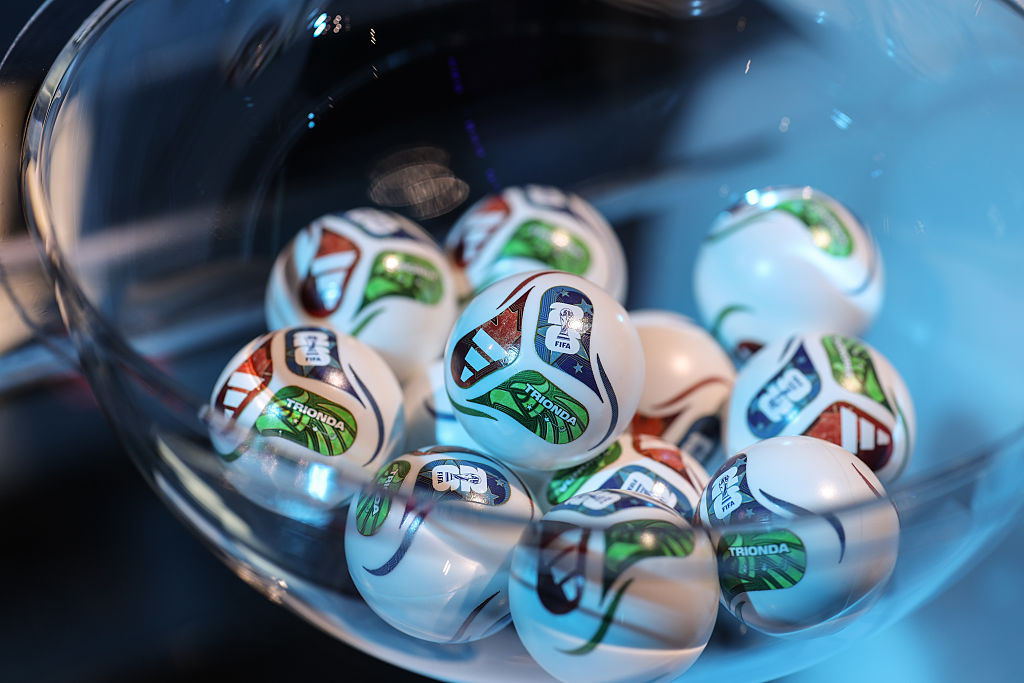 The official balls for the draw are seen on stage at the Kennedy Center ahead of the FIFA World Cup 2026 Official Draw on December 03, 2025 in Washington, DC.