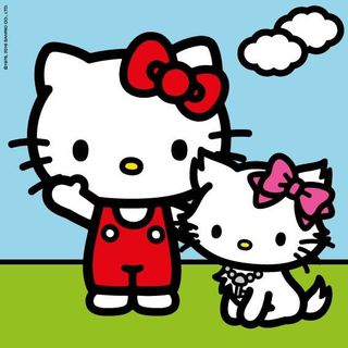 A cartoon of Hello Kitty with her pet cat, Charmmy Kitty