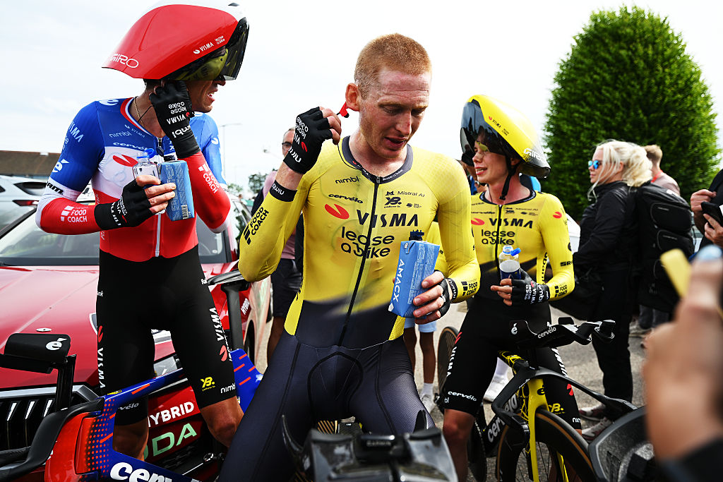 PERREUX, FRANCE - JUNE 09: (L-R) Bruno Armirail of France, Matteo Jorgenson of United States and Jorgen Nordhagen of Norway and Team Visma | Lease a Bike react after the 78th Tour Auvergne-Rhone-Alpes 2026, Stage 3 a 28.4km team time trial stage from Perreux to Perreux / #UCIWT / on June 09, 2026 in Perreux, France. (Photo by Dario Belingheri/Getty Images)