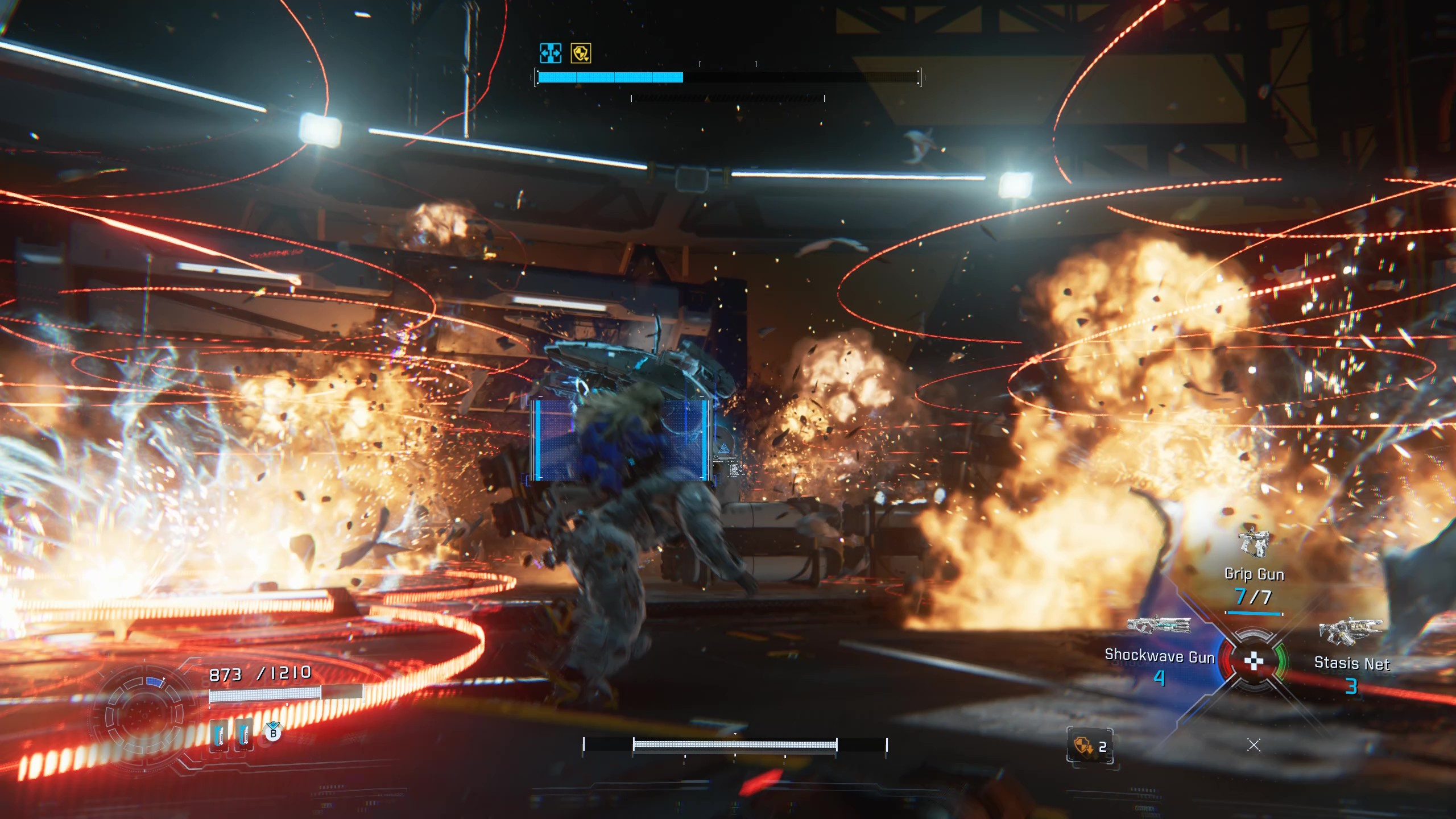 Pragmata Sector Guard: A player dodging missiles while aiming at the Sector Guard boss.