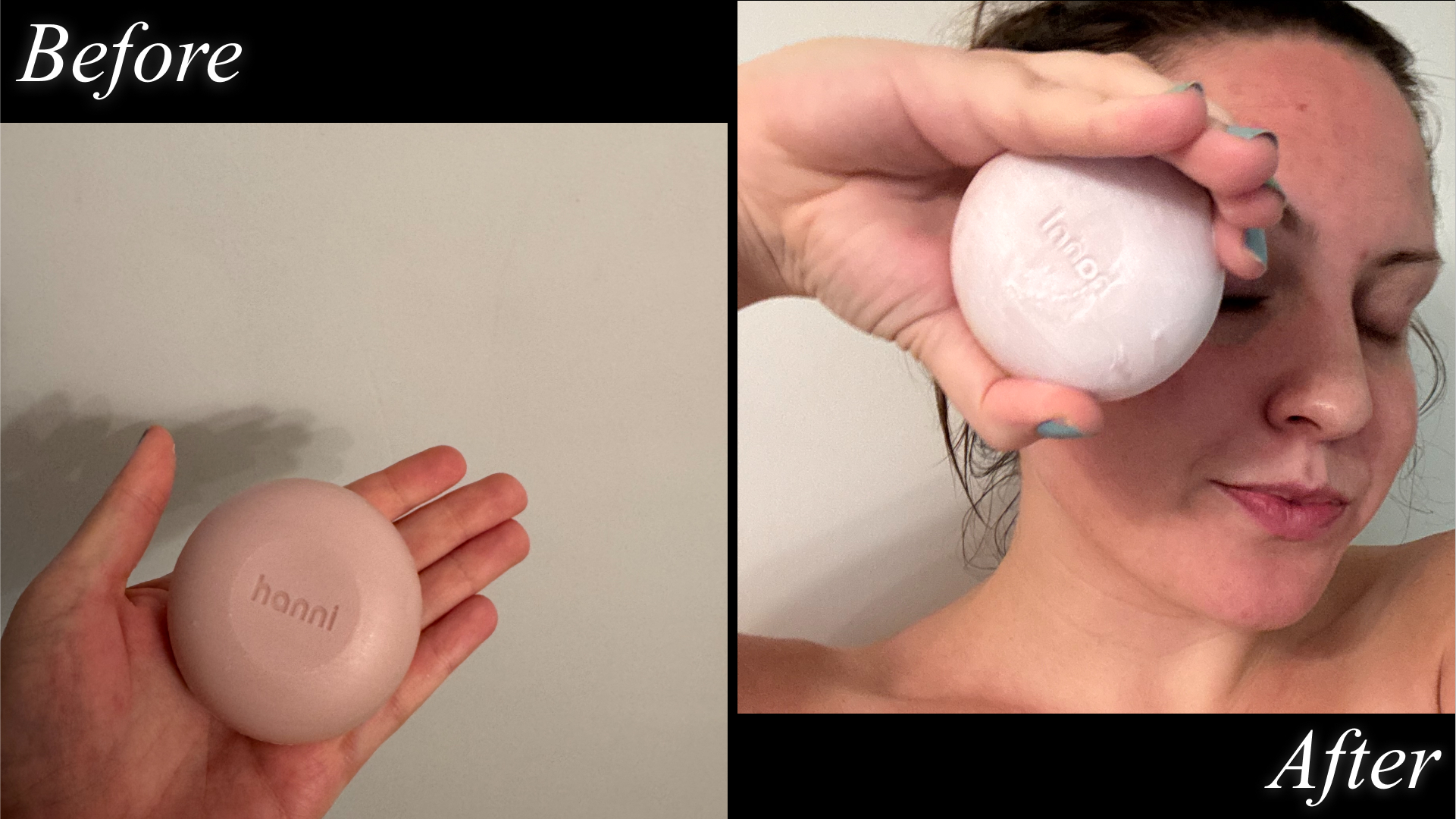 Contributing beauty writer Sophia Vilensky tests body wash with a photo of her hand and the product consistency and a photo of herself with the product.