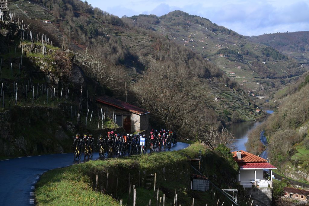CHANTADA SPAIN FEBRUARY 23 A general view of the peloton passing through a landscape during the 3rd O Gran Camio The Historical Route 2024 Stage 2 a 1512km stage from Taboada to Chantada 481m on February 23 2024 in Chantada Spain Photo by Dario BelingheriGetty Images