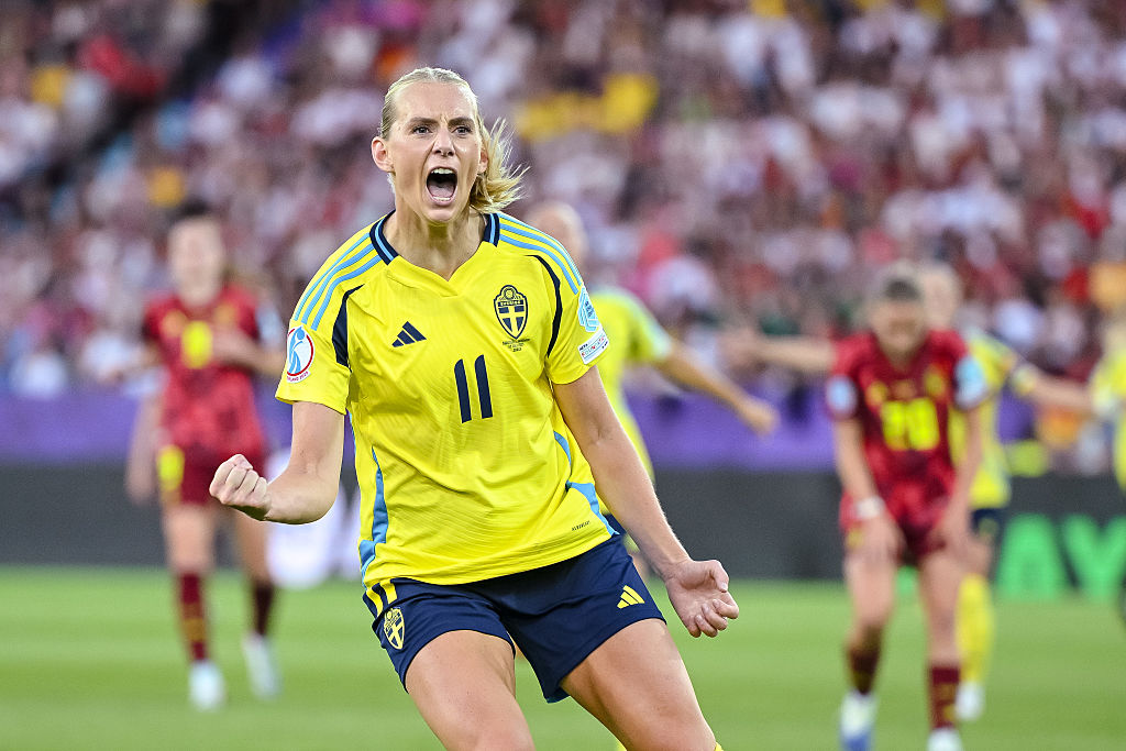 Stina Blackstenius scores a goal against Germany in the pool stage