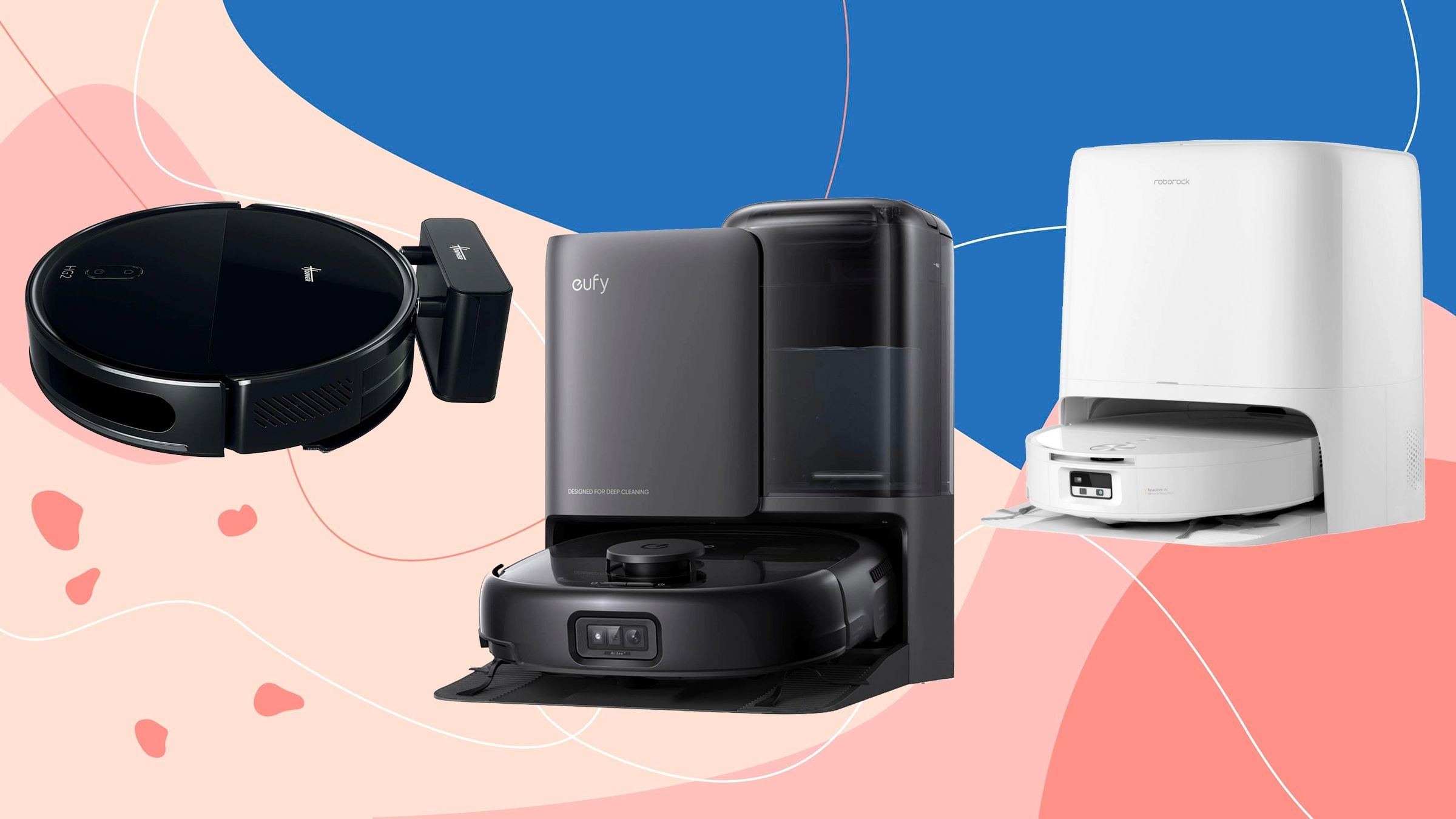 A black Hoover, black Eufy and white Roborock robot vacuum cleaner next to each other on a pink and blue background