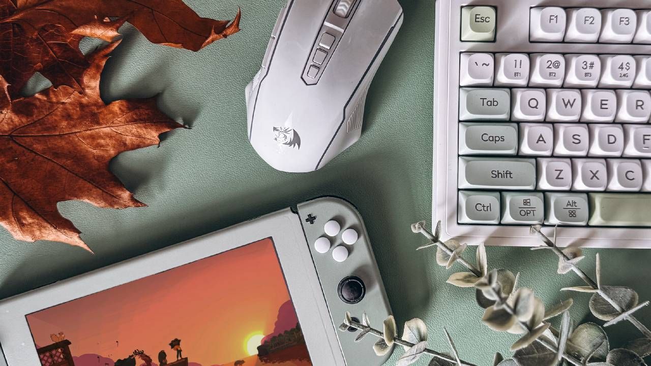 Flat lay of a gaming setup featuring a pastel-themed keyboard, a white gaming mouse, a handheld gaming console displaying a sunset scene, autumn leaves, and eucalyptus on a green surface.