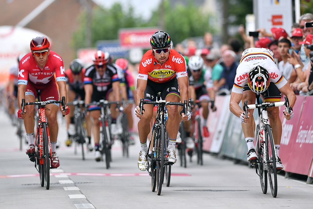 Peter Sagan wins a photos finish ahead of Andre Greipel during stage 4 of the Eneco Tour