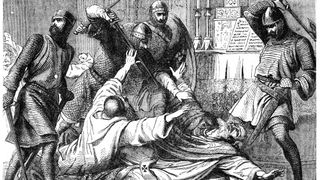 A dramatized illustration of the Archbishop's murder. The priest was murdered after insulting one of the knights; allegedly calling him a 'pimp'.