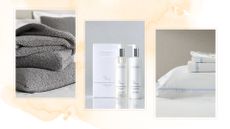 The White Company's textured throw, Peony hand and nail cream, and bed linen on a woman&home background