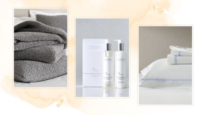 The White Company&#039;s textured throw, Peony hand and nail cream, and bed linen on a woman&amp;home background