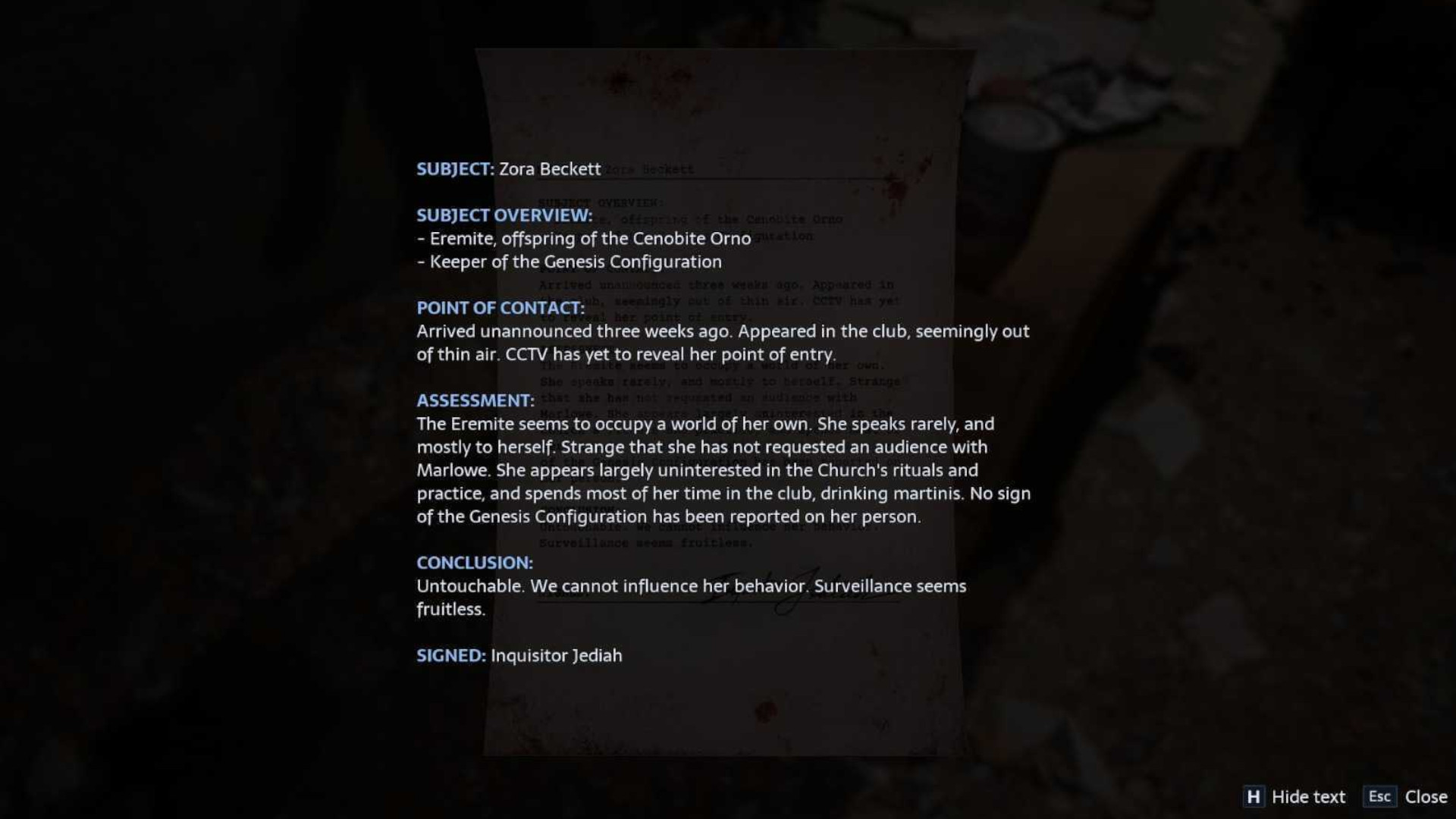 A screenshot of the Orno easter egg found in a profile breakdown of the shopkeeper in Hellraiser: Revival