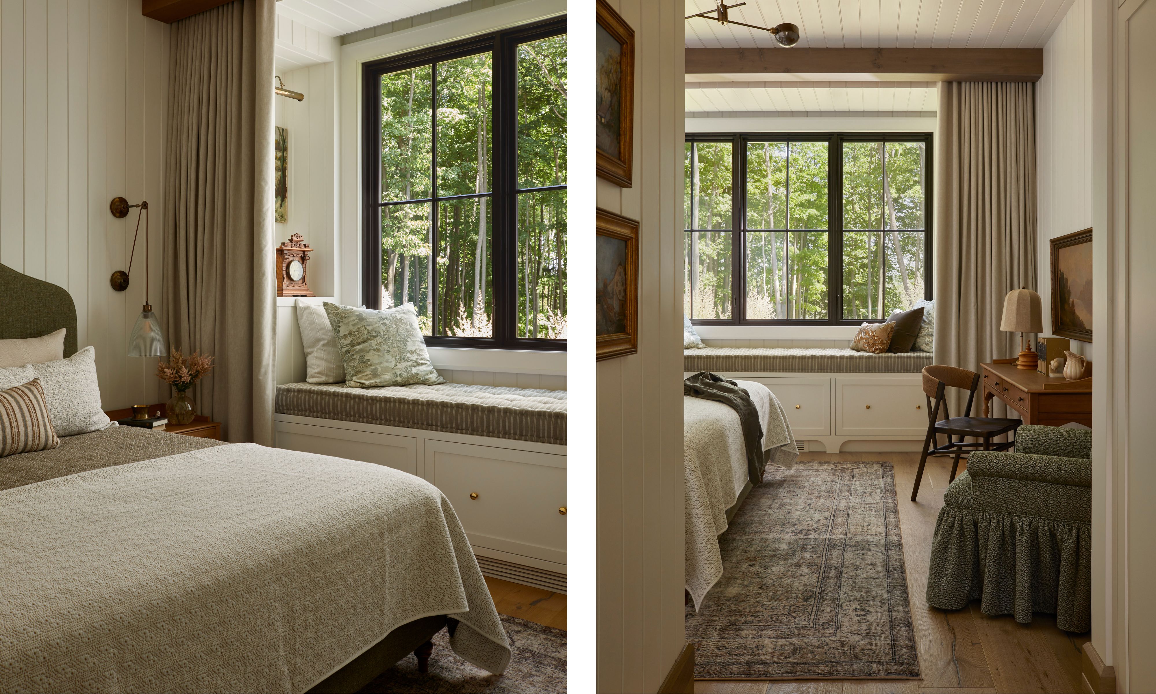 A serene bedroom featuring a built-in window seat with striped cushions and various patterned throw pillows.