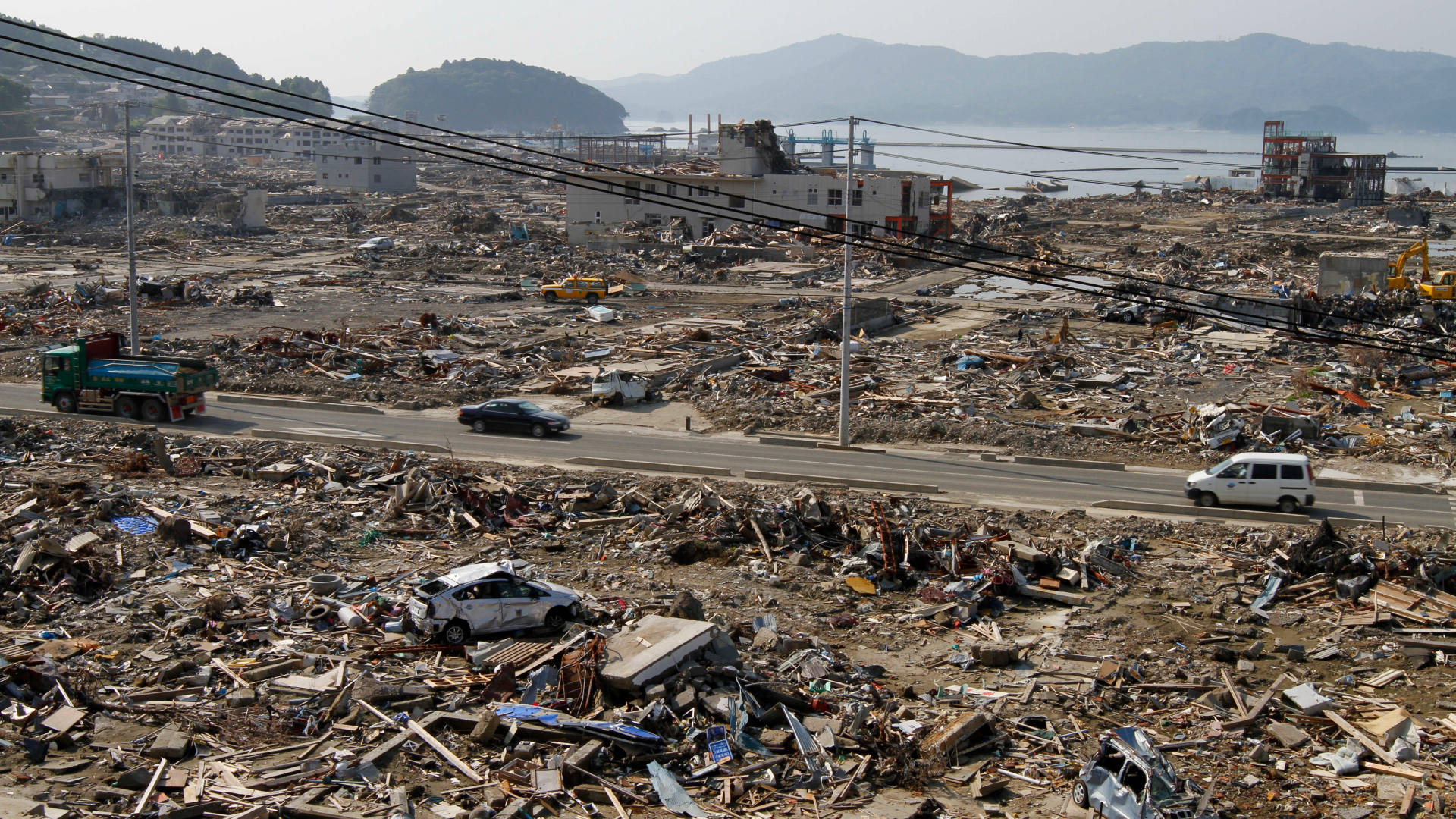 Devastated buildings along the shoreline