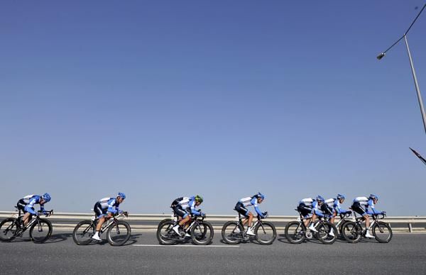 Garmin-Barracuda riders on a lonely stretch of highway.