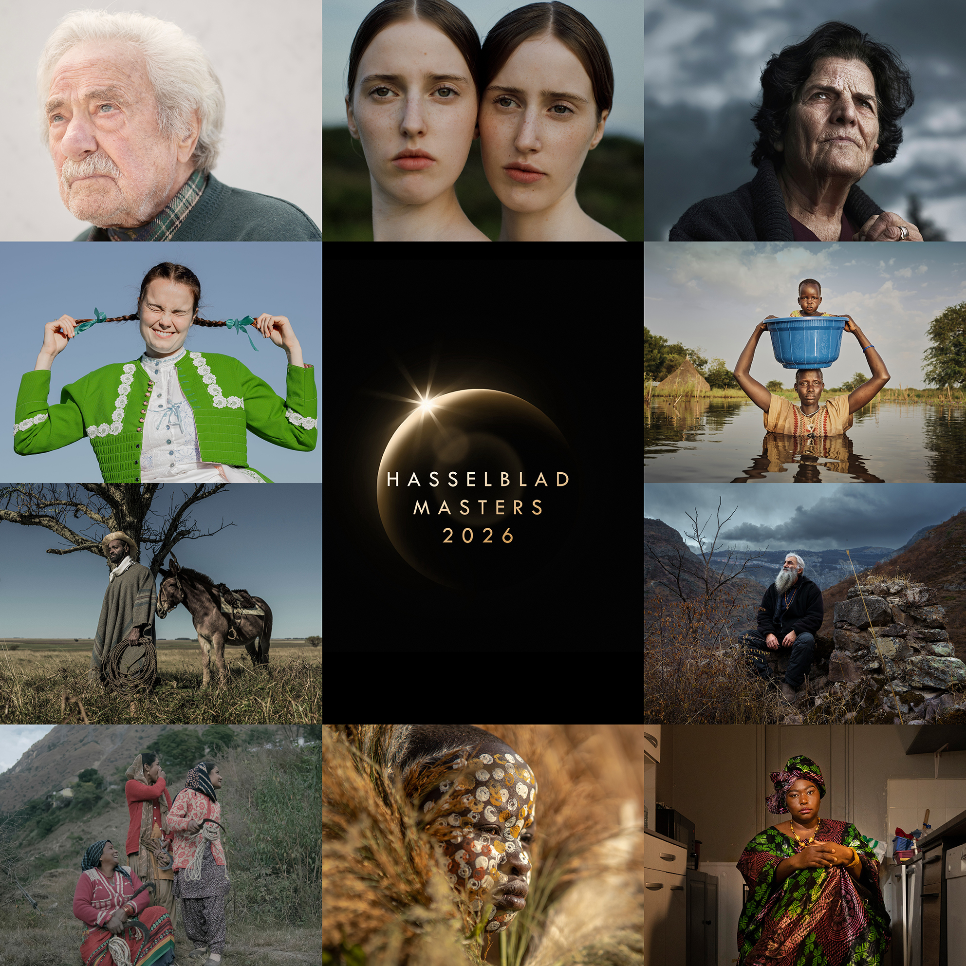 A collage of diverse portraits, including an elderly man, twin women, a smiling girl, a man with a horse, and more. Centerpiece: "Hasselblad Masters 2026" with an eclipse design