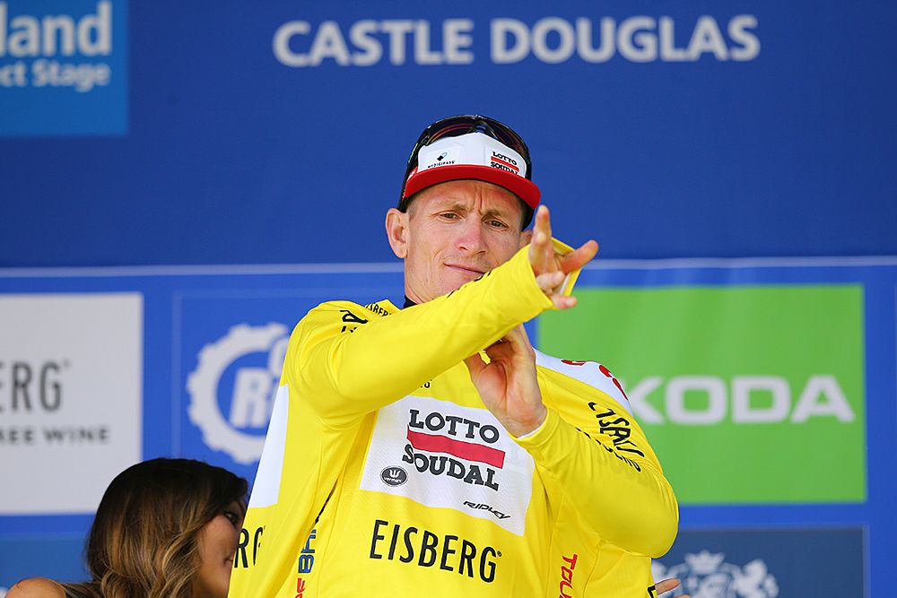 Andre Greipel (Lotto Soudal) wears the first leader's jersey at Tour of Britain after winning stage 1