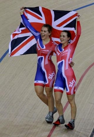 Jess Varnish and Victoria Pendleton celebrate their team sprint win and world record