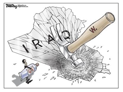 Political cartoon world Obama George Bush Iraq
