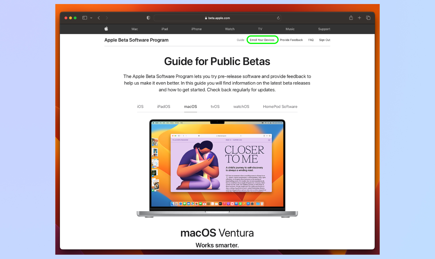 how to download the macos public beta step 2 showing enroll button