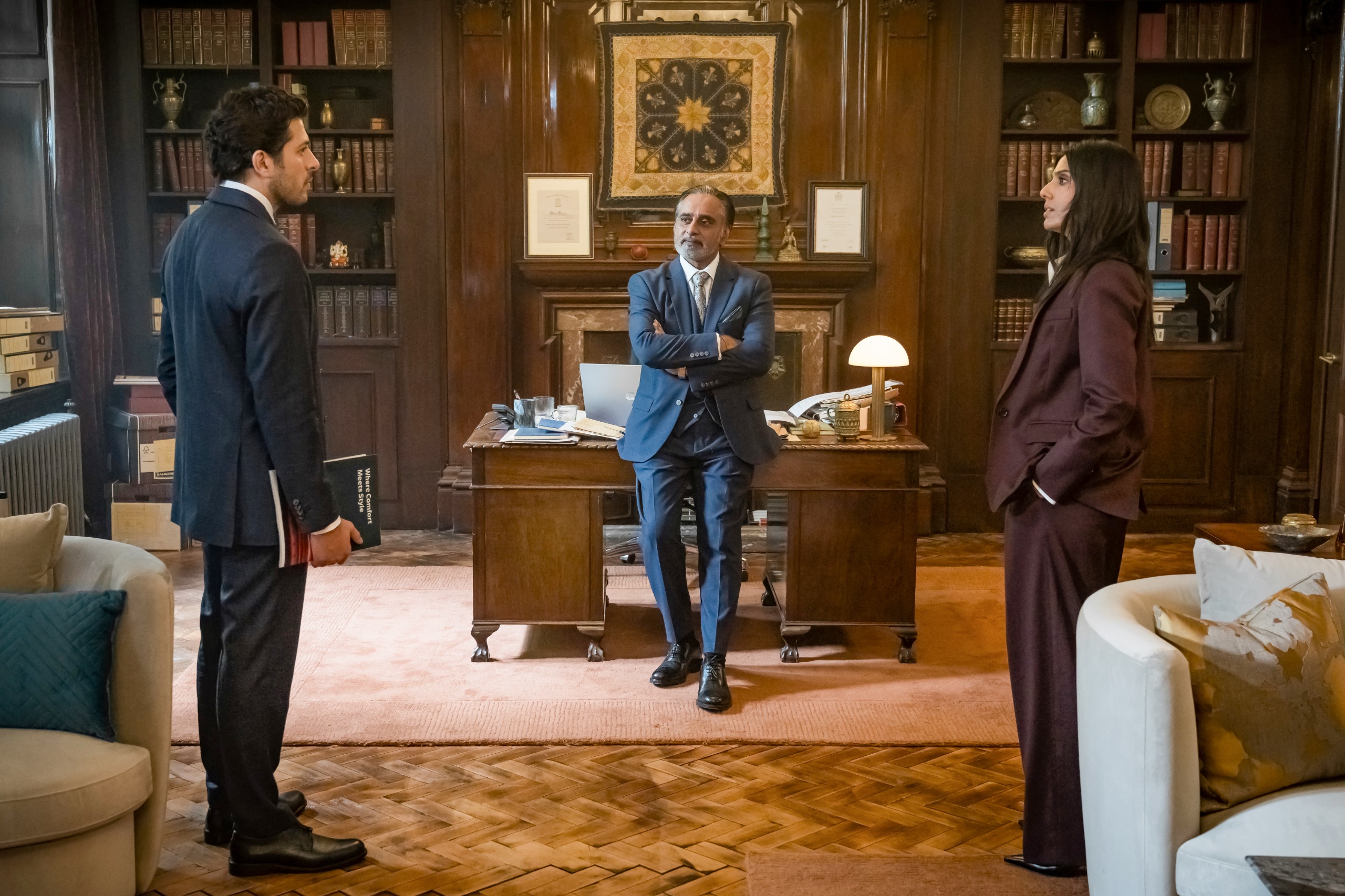 Luke (Dimitri Leonidas); Dhruv (Sanjeev Bhaskar); Aria (Ritu Arya) in The Split Up
