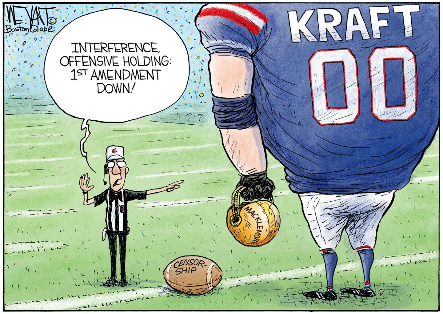 
                                This cartoon depicts Robert Kraft as a giant American football player who holds a Macklemore helmet next to a football labeled “censorship”. A referee calls a penalty on Kraft and says, “Interference, offensive holding: 1st Amendment down.”
                            