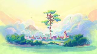 How we made Ada; A whimsical illustration portrays a quaint village nestled amidst a vibrant landscape, with a towering tree housing a cozy treehouse, bathed in soft, warm light.