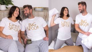 composite image of a man and a woman wearing t-shirts with the words Big Spoon and Little Spoon written on them