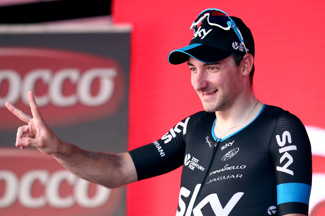 Elia Viviani (Team Sky) celebrates his first Giro stage win