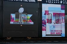 A detail view of the Super Bowl LX logo on a Santa Clara Valley Transportation Authority (VTA) light rail car on December 29, 2025 in Santa Clara, California.