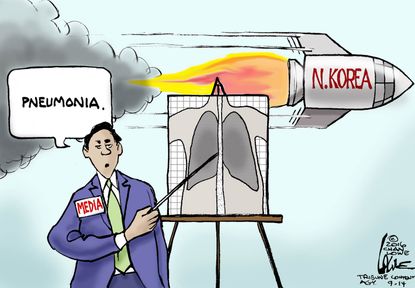 Political cartoon U.S. media Hillary Clinton health North Korea nuclear threat