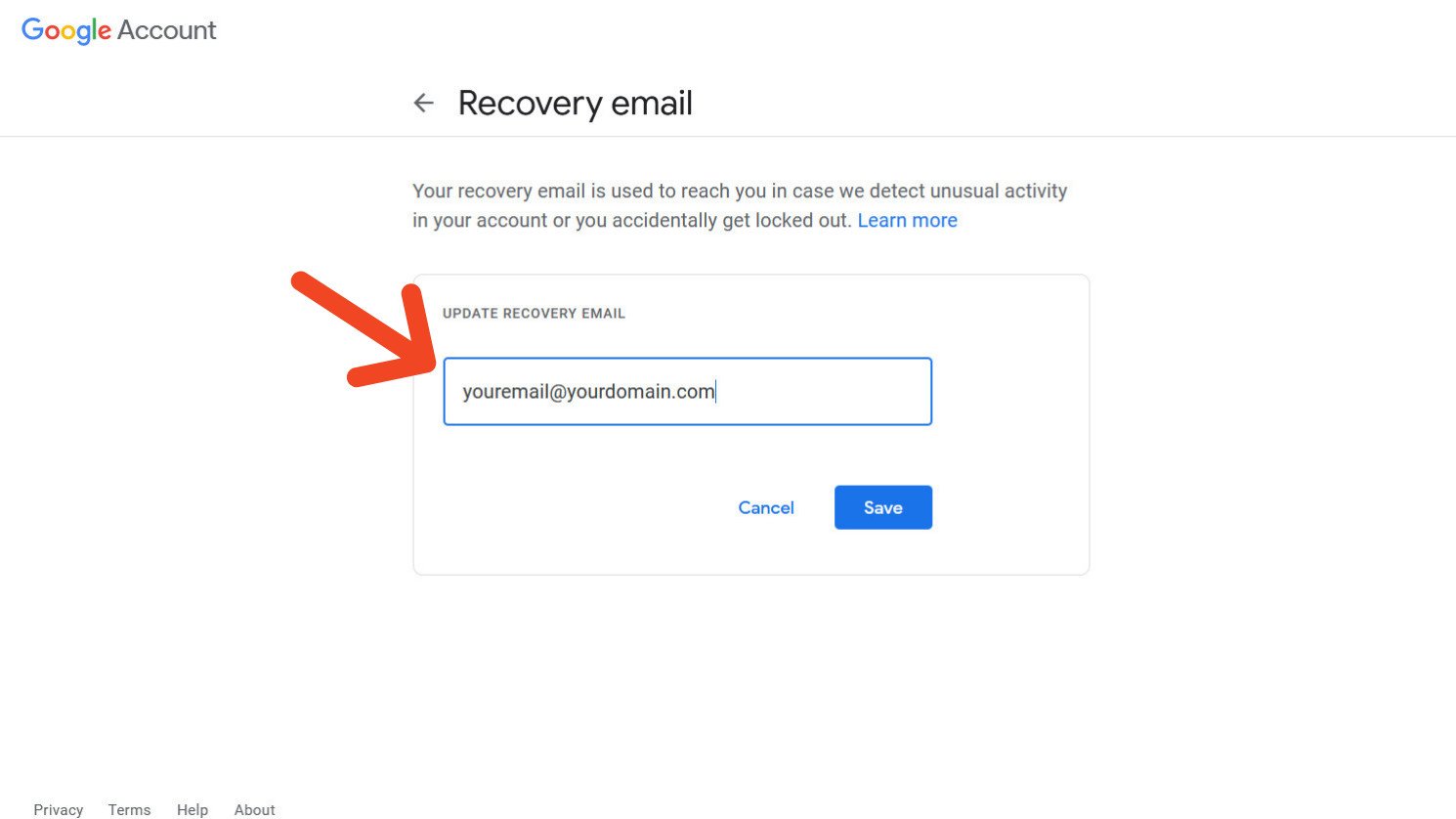 La página de correo electrónico de recuperación de la cuenta de Google
