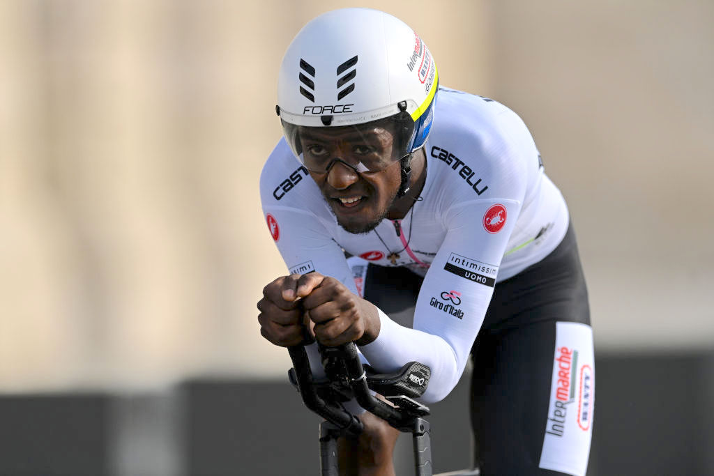 BUDAPEST, HUNGARY - MAY 07: Hailu Biniam Girmay of Eritrea and Team IntermarchÃ© - Wanty - Gobert MatÃ©riaux white best young rider jersey sprints during the 105th Giro d'Italia 2022, Stage 2 a 9,2km individual time trial stage from Budapest to Budapest / ITT / #Giro / #WorldTour / on May 07, 2022 in Budapest, Hungary. (Photo by Stuart Franklin/Getty Images)