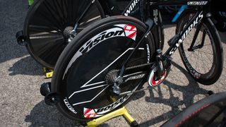 The Tinkoff-Saxo car was loaded up with Vision discs, but all but one of the bikes out front were on the distinctively-striped DT Swiss RRC 2.0 Disc Dicut T