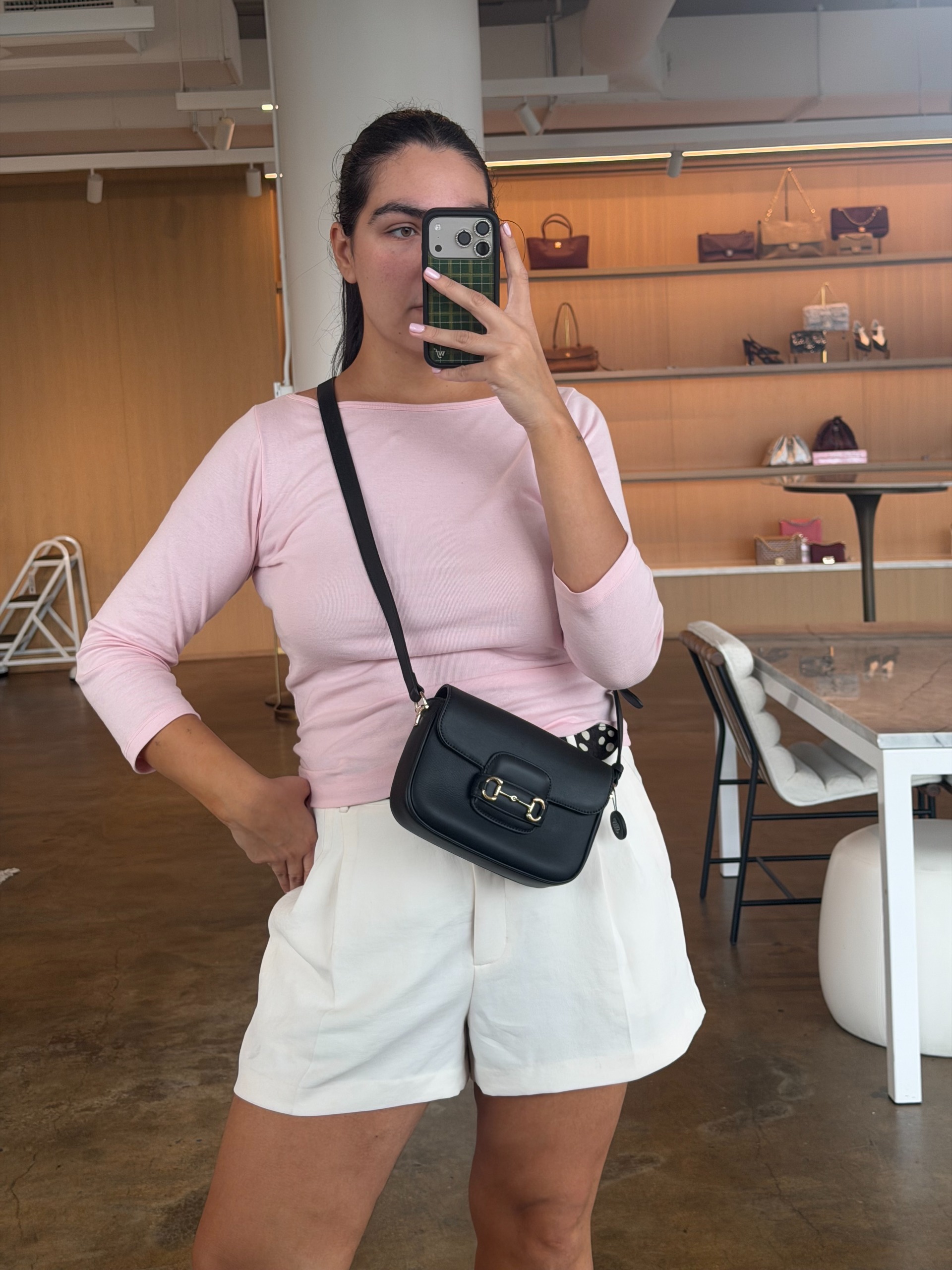 Who What Wear editor Ana Escalante wearing a Gucci Horsebit 1955 Shoulder Bag.