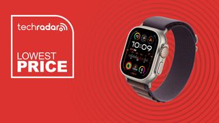 The Apple Watch Ultra 2 in front of a red background featuring the words 'Lowest Price'.