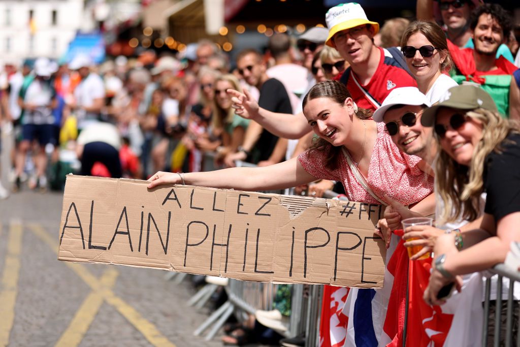 PARIS FRANCE AUGUST 03 French fans of Julian Alaphilippe of Team France cheering during the Mens Road Race on day eight of the Olympic Games Paris 2024 at trocadero on August 03 2024 in Paris France Photo by Maja HitijGetty Images