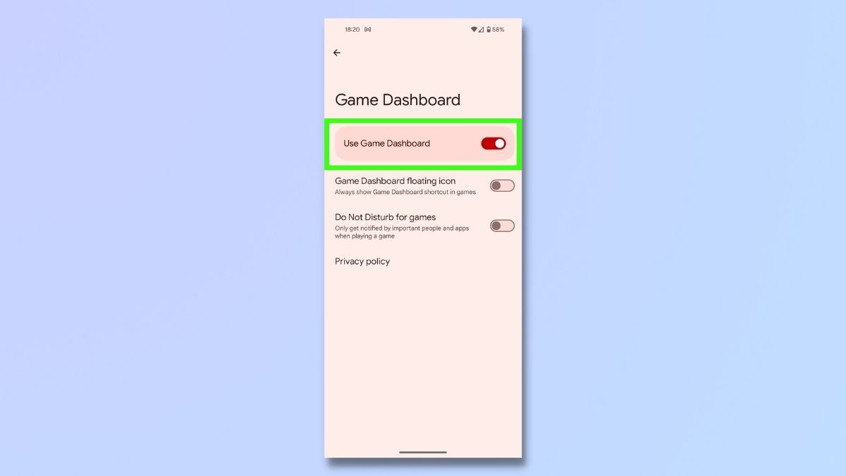 Captura de pantalla que muestra cómo optimizar su teléfono Android para juegos: activar el modo de juego