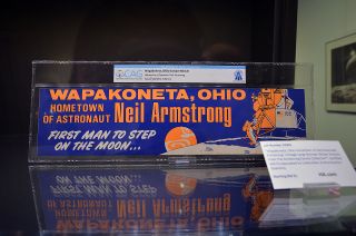 A bumper sticker promoting Wapakoneta, Ohio as the hometown of the "First Man to Step on the Moon" was one of the least expensive items to sell at Heritage Auctions' sale of the Neil Armstrong family collection on Nov. 1, 2018 in Dallas.