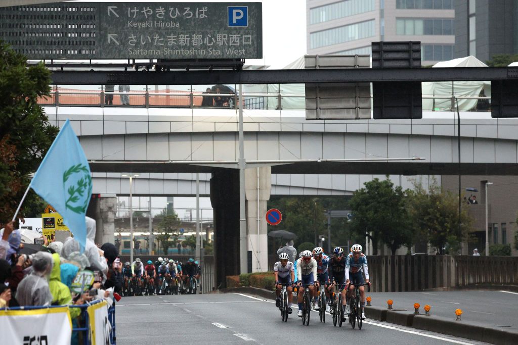 SAITAMA JAPAN NOVEMBER 02 LR Sandy Dujardin of France and Team TotalEnergies and Romain Bardet of France and Team DsmFirmenich Postnl lead the peloton during the 10th Tour de France Saitama Criterium 2024 Criterium Race a 612km one day race from Saitama to Saitama on November 02 2024 in Saitama Japan Photo by Rhode Van ElsenGetty Images