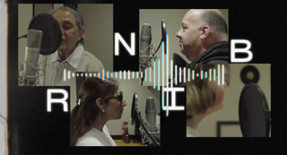 Collage of images of voice artists recording the RNIB sonic branding