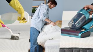 Left, a close up of a pair of hands wearing yellow gloves using a pray bottle to apply cleaning solution to a mattress and a scrubbing brush. Middle, mattress tester Lauren Jeffries starts stripping the bed. Right, a close up of a Jimmy mattress vacuum being used to vacuum the surface of a dirty mattress.
