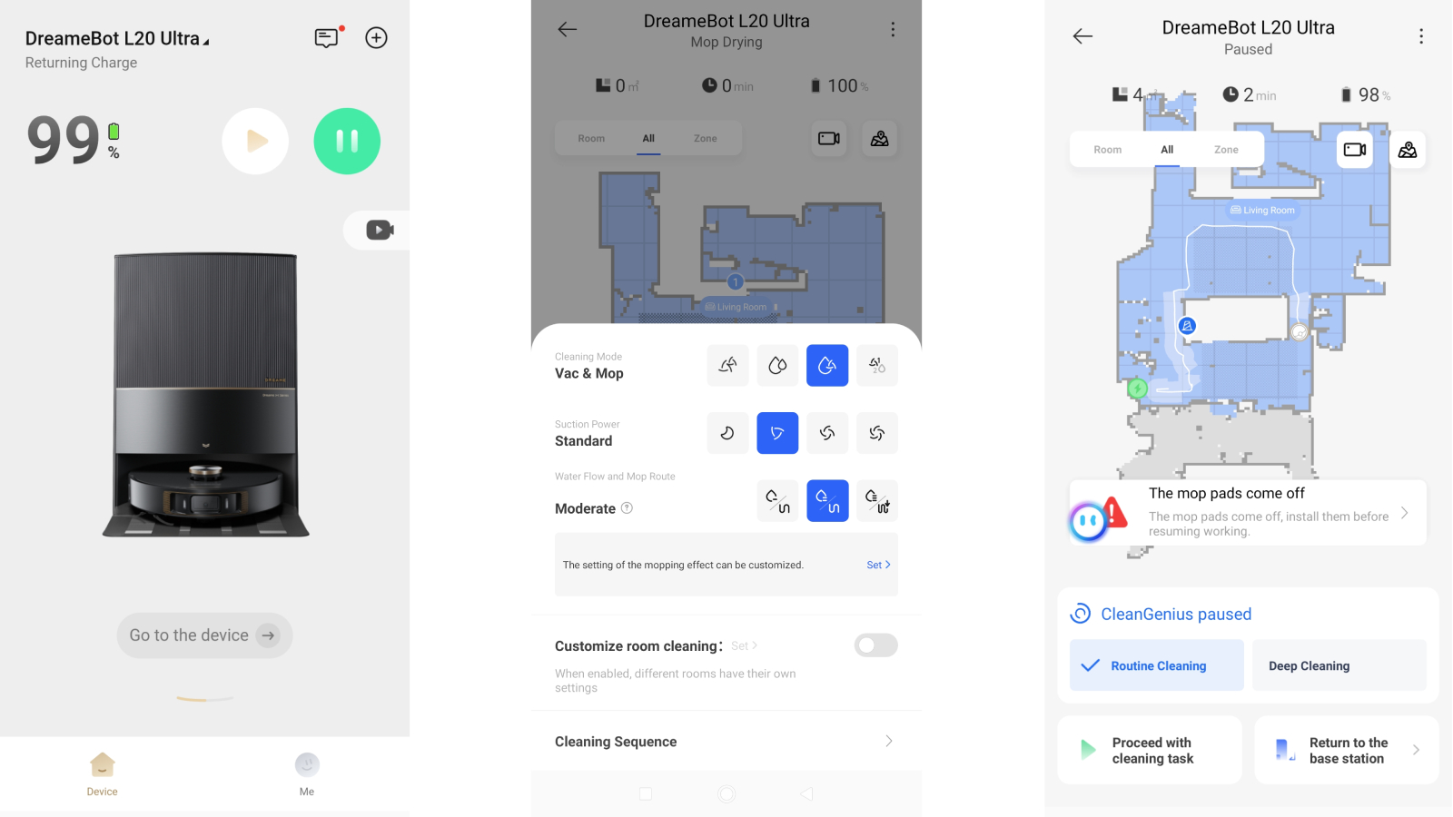 Tre stillbilder från Dreamehome-appen för Dreame L20 Ultra.