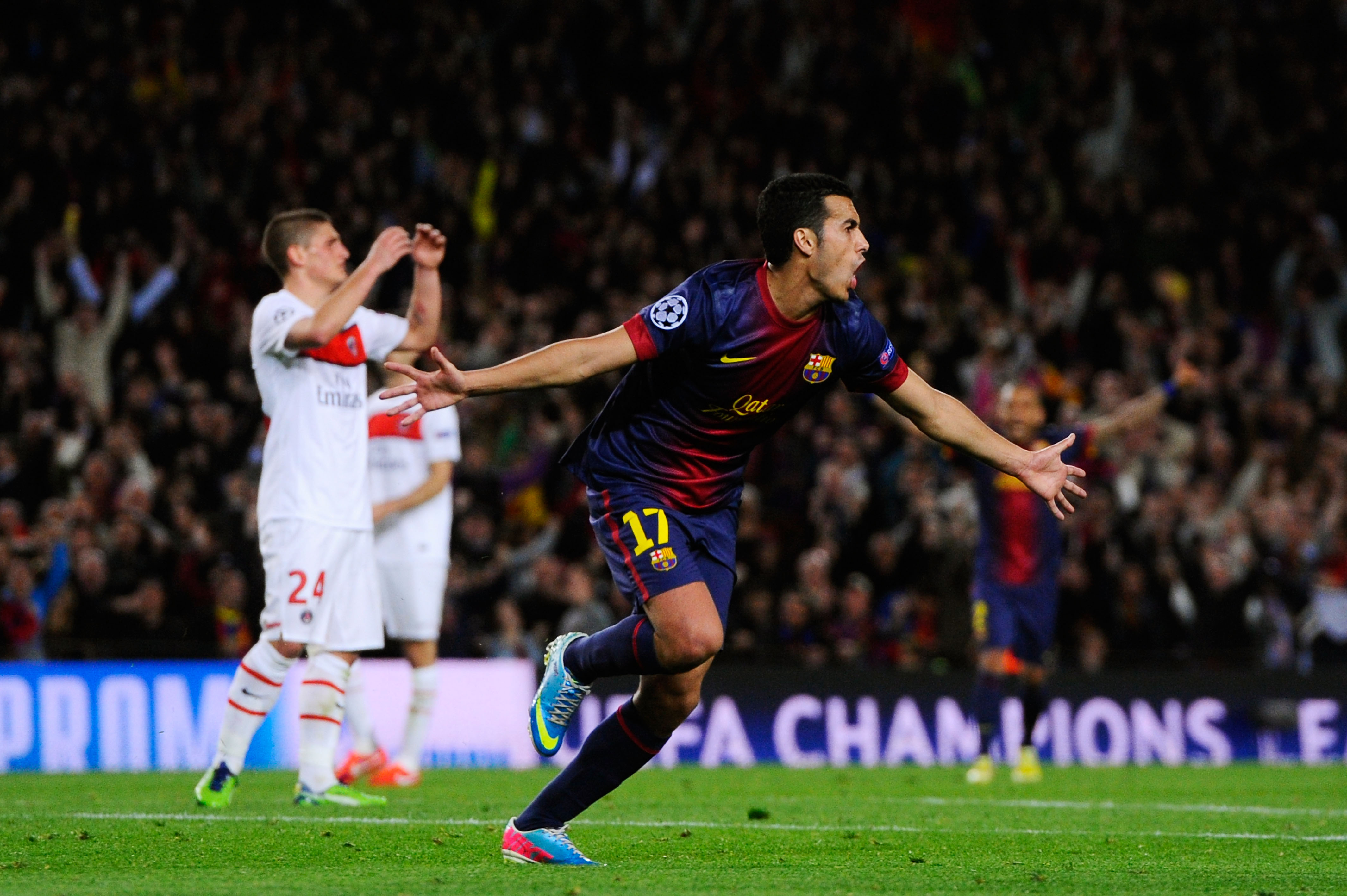 Pedro celebrates after scoring for Barcelona against Paris Saint-Germain in 2013.