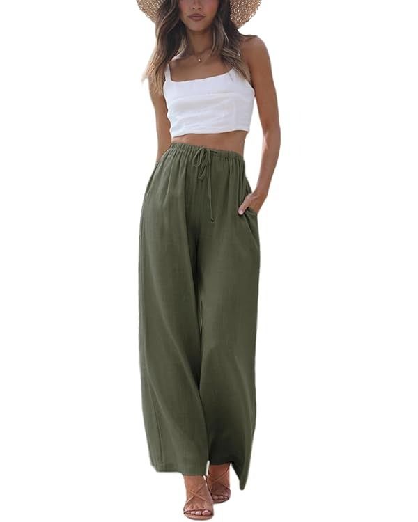 Faleave, Faleave Women's Cotton Linen Summer Palazzo Pants Flowy Wide Leg Beach Trousers With Pockets(armygreen-L)