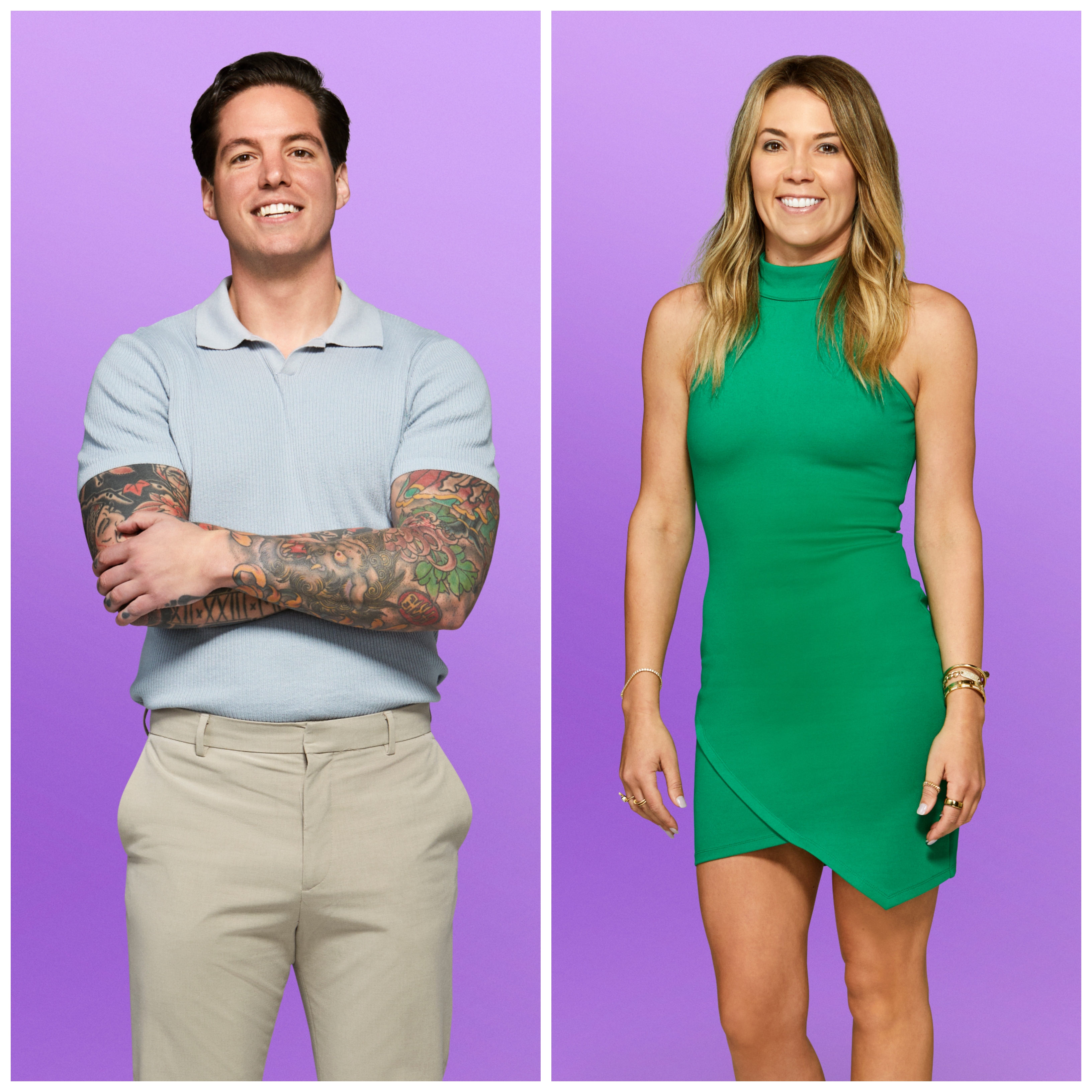 a split image of jordan and megan from love is blind season 9