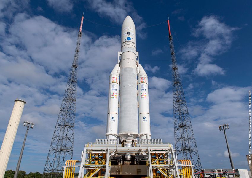 The Ariane 5 rocket stands ready for launch zone ELA-3 at the Guiana Space Center in Kourou, French Guiana, on Aug. 5, 2019.
