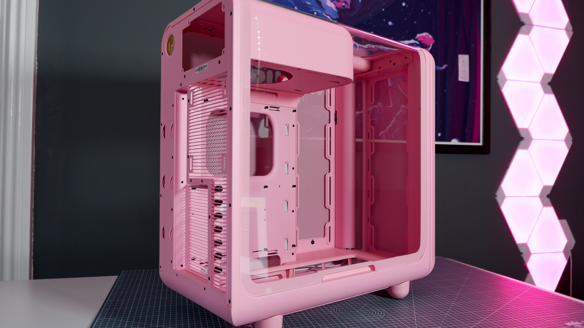 The Hyte X50 PC case on a desk ready to be built into for testing and review.