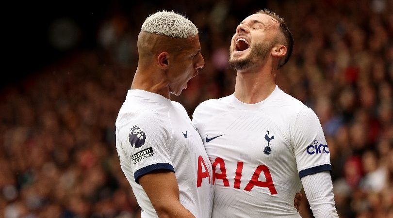 Richarlison celebrates with James Maddison after the midfielder&#039;s goal for Tottenham against Bournemouth in August 2023.