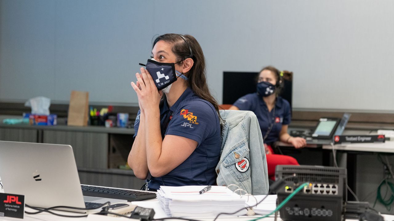 Engineer Mallory Lefland experienced the tension and relief shared by the team on Mars 2020 Perseverance landing day, on Feb. 18, 2021. She watched the dramatic entry, descent, and landing from inside a mission support area at NASA's Jet Propulsion Laboratory in Southern California.