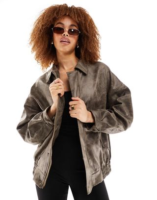 Lioness Leather Look Bomber Jacket in Distressed Brown