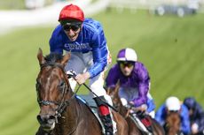 Epsom Derby 2021 winner EPSOM, ENGLAND - JUNE 05: Adam Kirby riding Adayar (red cap) win The Cazoo Derby at Epsom Racecourse on June 05, 2021 in Epsom, England. Due to the Coronavirus pandemic, only owners along with a limited number of the paying public will be allowed to attend the meeting. (Photo by Alan Crowhurst/Getty Images)